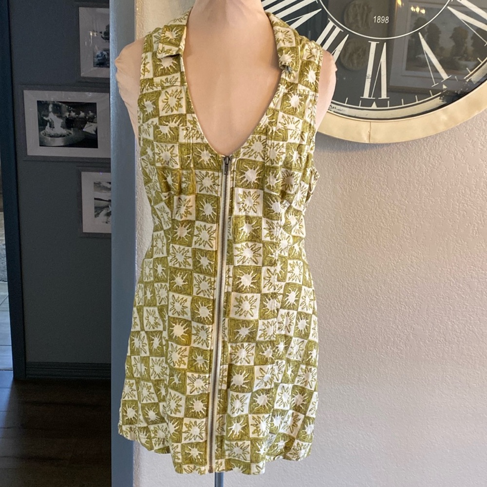 Urban Outfitters green sun checkerboard pattern zip up collared mini dress